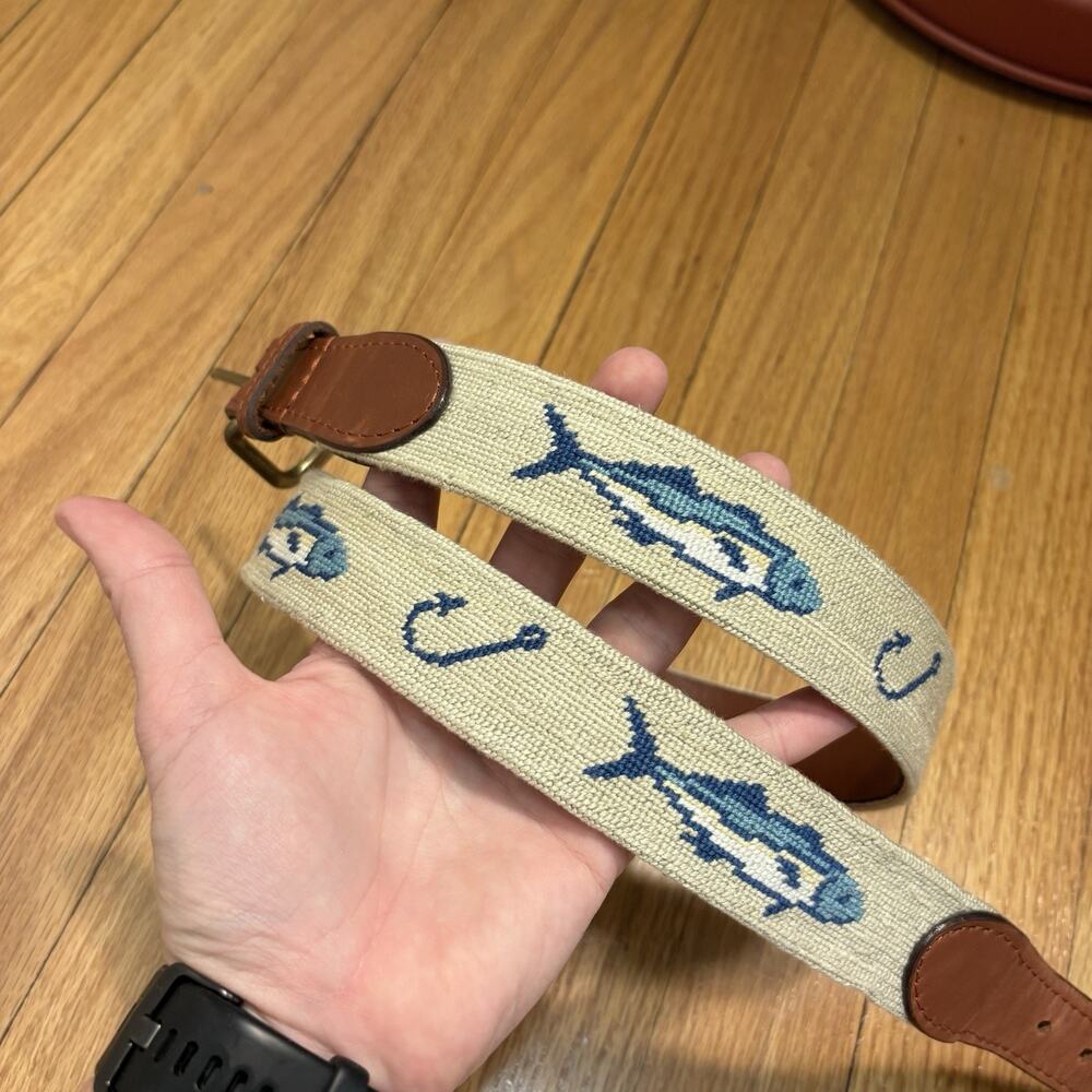 Smathers & Branson Hand Stitched Needlepoint Belt Azul Fish Hooks Light Khaki 34
